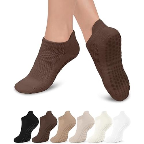 6 Pairs Grip Pilates Socks for Women, Non-slip Yoga Athletic Socks for Barre Ballet Barefoot Workout Hospital