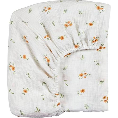 Meracorallo Muslin Fitted Crib Sheet, Soft and Breathable Floral Baby Crib Sheet for Standard Crib and Toddler Mattresses, Daisy