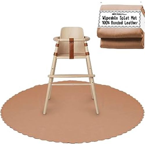 Brite Tools Premium Leather Splat Mat Under High Chair 52” Anti-Slip Bonded Suede Backing Wipeable Waterproof Stain Spill Resistant Floor Cover Portable Baby Drop Table Cloth Blanket (Brown (Round)