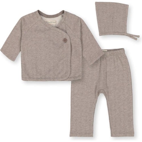 Hope & Henry Baby "Fleece Kimono Top, Legging, and Bonnet Set", Infant, 0-3M, Brown