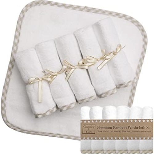 Channing & Yates Organic Baby Washcloth Set Premium Boutique- (6 Pack Wash Cloth) - Softest Face Towels or Washcloths for Eczema - Child or Adult Essentials for Bath (Beige/White)