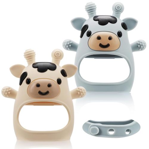 TOHIBEE 2 Packs Baby Teething Toys for 0-6 6-12 Months, Food Grade Silicone Adjustable Cow Teething Mitten, Chew Teether Toys for Teething Pain Relief, Baby and New Born Essentials, Blue & White