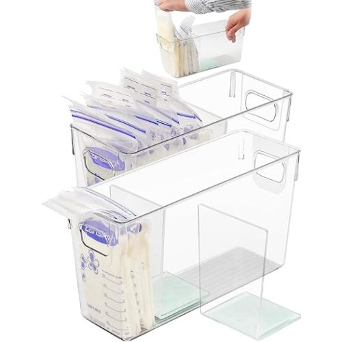 Breastmilk Storage Container with L Shaped Separator Boards, Dividers Will Flatten Standing Breast Milk Bags in Organizer Bins Save Refrigerator Space | 2 Containers Plus 4 Green Removable Dividers