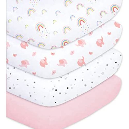 Crib Sheets for Baby Girls 4 Pack, 28"x 52" Extra Soft Microfiber Crib Sheet Set for Standard Crib & Toddler Mattress Pad, Rainbow & Elephant & Stars & Pink