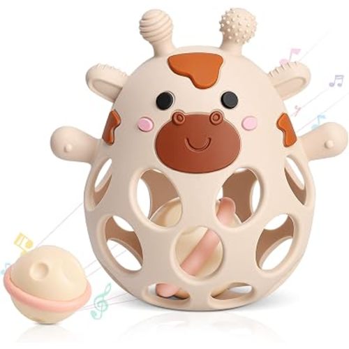 2-in-1 Baby Teething Rattle Toys, Easy Grasp Silicone Teethers for Babies 3-6 6-12 Months, Teething Relief & Developmental, Perfect Baby Sensory Chew Toys for Newborns Infants