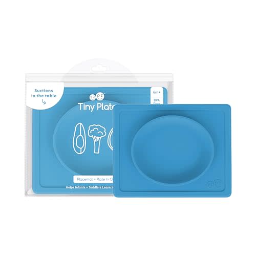 ezpz Tiny Plate (Blue) - Silicone Suction Placemat + Plate for Infants - 6 months+ - Baby Led Weaning Supplies - Fits on Most Highchair Trays