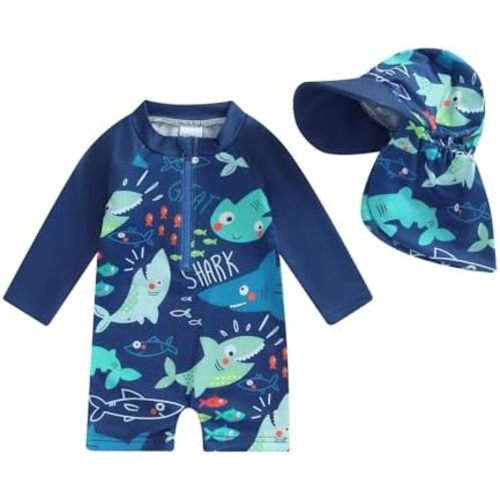 Toddler Baby Boy Girls One Piece Swimsuit Long Sleeve Zipper Bathing Suit with Hat Infant Rash Guard Swimwear