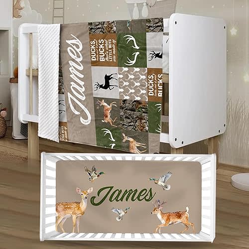 Personalized Crib Bedding Set for Boys Girls, Custom Baby Crib Sets with Name, Multi-grid Deer Design Nursery Bedding 2 Piece - Soft Blanket with Double Layer Dotted Backing, Crib Fitted Sheet