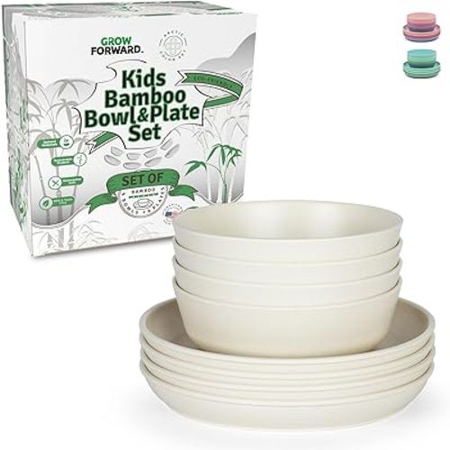 Grow Forward Bamboo Kids Plates and Bowls Set - 4 Bamboo Plates for Kids and 4 Bamboo Bowls for Kids - BPA Free & Dishwasher Safe - Eco Friendly and Reusable Childrens Dishes - Arctic