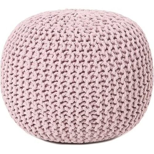 REDEARTH Round Pouf Ottoman - Hand Knitted Boho Poof Home Décor Pouffe Circular Footrest for Living Room - Bedroom - Lounge - 100% Cotton (19.5"x19.5"x14") - Pale Pink