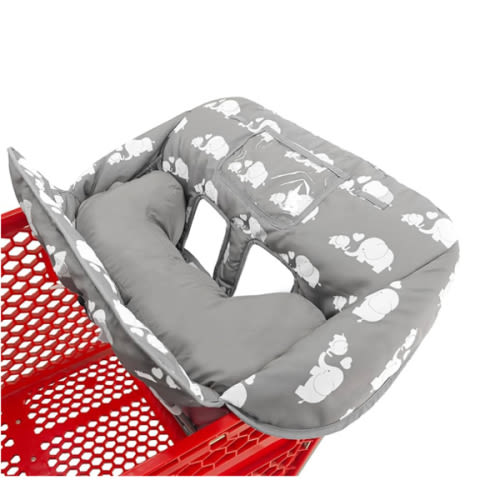 Soft Pillow Attached 2-in-1 Shopping Cart and High Chair Cover for Baby, Cotton Padded Cart Cover, Fold'n Roll Style, Portable with Carry Bag (Gray Elephant)