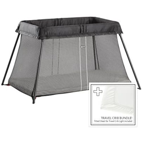 BabyBjörn Travel Crib Light + Fitted Sheet Bundle Pack, Black, One Size (640001US)