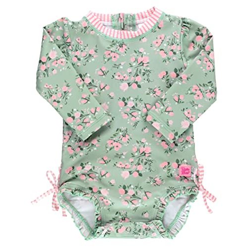 RuffleButts Baby Girls UPF 50+ Sun Protection Floral Printed Long Sleeve One Piece Rash Guard Swimsuit with Zipper