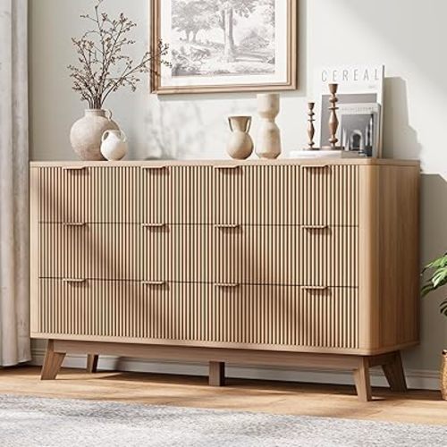 6 Drawer Dresser for Bedroom with Fluted Panel, Modern Chest of Drawers for Living Room, Wide Wooden Closet Dresser with Ample Storage Space for Bedroom and Hallway, Natural Oak