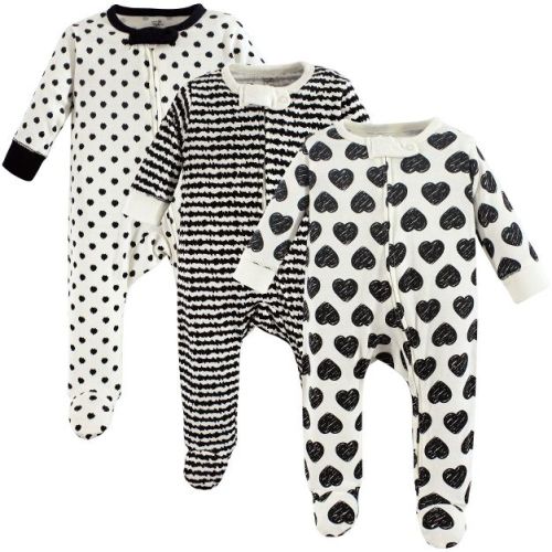 Touched by Nature Baby Girl Organic Cotton Zipper Sleep and Play 3pk, Heart, 0-3 Months