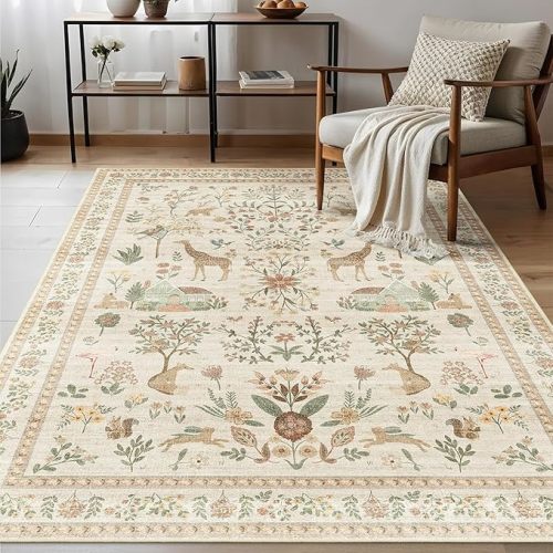 Beige Rug 5x7, Washable Boho Floral Botanical Animal Area Rug with Non Slip Backing Design,Indoor Soft Low Pile Carpet for Bedroom, Living Room, Dining Room, Farmhouse, Playroom