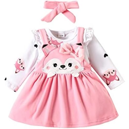 FYBITBO Newborn Baby Girl Clothes Long Sleeve Ruffle Romper + Fox Print Overall Skirt + Headband Infant Fall Winter Outfits
