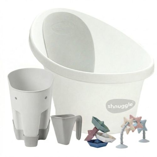 Shnuggle Newborn Bundle: Baby Bath & Accessories Bundle - 5-Piece Set | Cozy Support, Easy Cleanup & Sensory Fun White/Grey