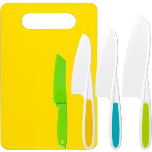 Reaeon 5 Pcs Kids Cooking Sets Real, Montessori Kitchen Tools, Kids Knife Set for Real Cooking, 4 Pcs Children's Safety Cooking Knives, 1 Pc Cutting Board, Serrated Edges Toddler Girl Boy