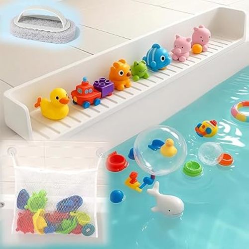 Extra Long White Bathtub Splash Guard Splash Guard Silicone Toy Shelf Holder Prevent Water Spills Kid Bath Tub Accessories (2.6FT, White)