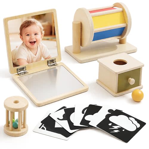Montessori Toys for Babies 0-6 6-12 Months, Sensory Developmental Baby Toys, Tummy Time Toy - 5 in 1 Wooden Learning Toy Set, High Contrast Cards, Mirror & Spinning Drum for Newborn Infant Gift