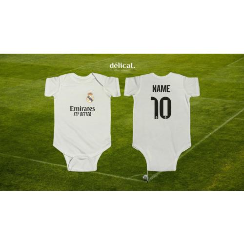 Personalized Real Madrid Baby Bodysuit, Custom Name Infant Onesie, Organic Soft Cotton Baby Clothes, Custom Gift Newborn Soccer Jersey