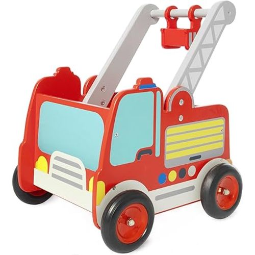labebe Wooden Baby Walker, Baby Push Walker, Learning Walker Push Toy for Toddlers 1-3 Year Old Boys and Girls, Fire Truck Walker with Wheels