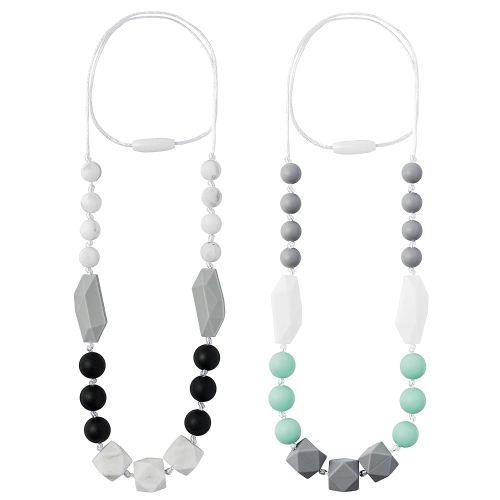 2PCS Baby Teething Necklace for Mom to Wear, Babies Nursing Necklaces for Kids, Sensory Teether Toys for Toddlers Children Adults Baby Shower Birthday Gift (Green Grey Black)