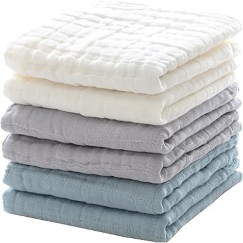MUKIN Baby Wash Towels, Soft Face Cloths, Newborn Absorbent Bath Wipes, Burp Cloths or Towels, Pack of 6, 12x12 inches (White, Ash Gray, Ice Blue)