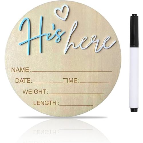 Baby Announcement Sign, ​5.9 Inch Wooden Hello World Newborn Signs, Birth Announcement Sign, Gender Reveal Signs, He's here Decoration, Welcome Newborn Arrival To World (He's,Blue-A)