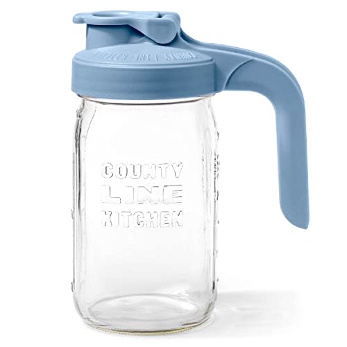 County Line Kitchen Glass Mason Jar Pitcher with Lid - Wide Mouth, 1 Quart (32 oz) - Heavy Duty, Leak Proof - Sun & Iced Tea Pitcher, Cold Brew Coffee, Breast Milk Storage, Water - Sky Blue