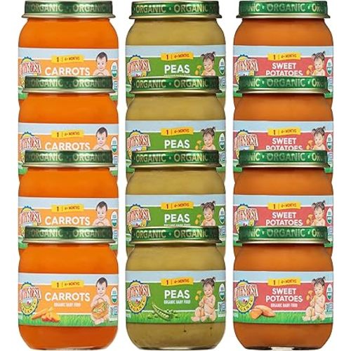 Earth's Best Organic Baby Food Jars, Stage 1 Vegetable Puree for Babies 4 Months and Older, Organic Veggie Variety Pack, 4 oz Resealable Glass Jar (Pack of 12)