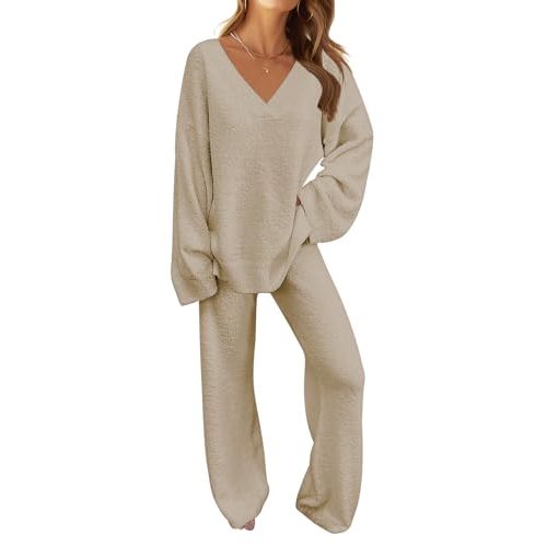 MEROKEETY Women's 2 Piece Outfits Fuzzy Fleece Pajama Set Long Sleeve Top Wide Leg Pants Loungewear