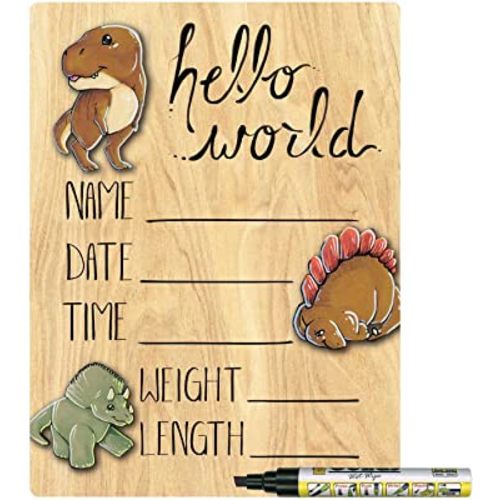 Hello World Newborn Baby Announcement Printed Wood Sign with Dinosaur Theme, 9 by 12 Inches, Black Marker