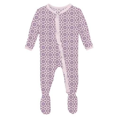 Print Layette Ruffle Footie with 2 Way Zipper in Lavender Flower Lattice