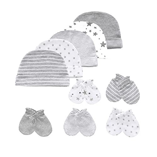 MAMIMAKA Baby Hat and Mittens Set Newborn Baby Hats Caps for Baby Boys Girls 0-6 Months 100% Cotton