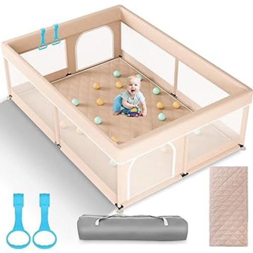 Omzer Baby Playpen with Mat 71"×59" - Extra Large Playpen for Babies and Toddlers with Mat Included, Safety Playard for Baby with Gate, All-Wrapped Soft Sponge Baby Gate Playpen with Stable Mat Velcro