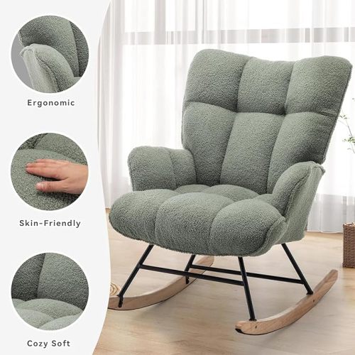 Rocking Chair Nursery Teddy Upholstered Glider Rocker Rocking Accent Chair Padded Seat with High Backrest Armchair Comfy Side Chair for Living Room Bedroom Offices (Sage Green Teddy)