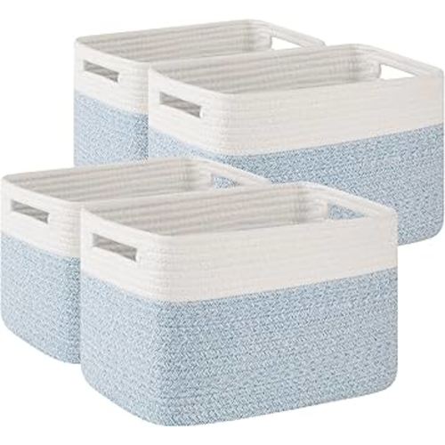 OIAHOMY 4 Pack Storage Baskets for Organizing, Basket for Shelves with Handle, Woven Baskets for Storage Toys, Towels, Books, Cotton Rope Basket 13" L x 9 " W x 7.8 " H, Light Blue & White