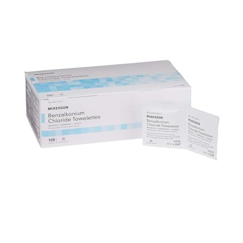 McKesson Benzalkonium Chloride Towelettes [Pack of 100] First Aid Antiseptic Wipes, Sterile Individual Wrapped