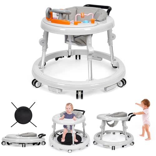 NVW Music and Lights Baby Walker Foldable with 9 Adjustable Heights, Baby Walker with Wheels Portable, Baby Walkers and Activity Center for Boys Girls Babies 7-18 Months (New-White)