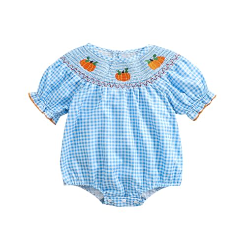 Ayalinggo Newborn Baby Girl Smocked Pumpkin Outfit Infant Plaid Bubble Romper Embroidery Halloween Thanksgiving Fall Clothes