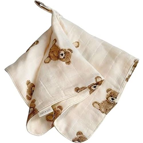 Ali+Oli Security Blanket for Baby (Teddy Bear) Pacifier Blanket Holder Made with Soft Muslin Cotton, Cuddle Blanket with Lead-Free Button Snap Closure, Pacifier Holder, Baby Blankets (15"x15")