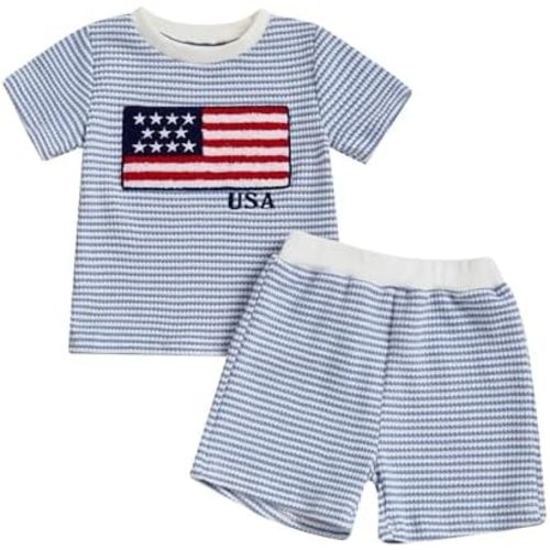 Karuedoo 4th of July Toddler Baby Boy Outfit USA Flag Embroidery Stripe Waffle Knit Short Sleeve T Shirt Tops and Shorts Set