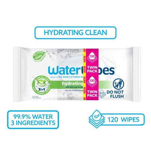 WaterWipes Hydrating Clean 99% Water Based Aloe Vera Baby Wipes, 120 Count (2 Packs)