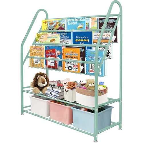 aboxoo Metal Kids Bookshelf Green Freestanding for Children Room 32 in Toy Organizer Book Unit Storage Large Green Stable Bookcase Bookstore Living Room Bed Room Library