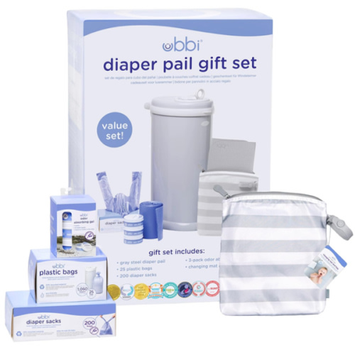 Ubbi Diaper Changing Value Gift Set, Baby Registry Gift, Includes Gray Diaper Pail, Absorbing Gels, Travel Changing Mat & Bag, Diaper Pail Waste Bags and On-the-Go Waste Sacks