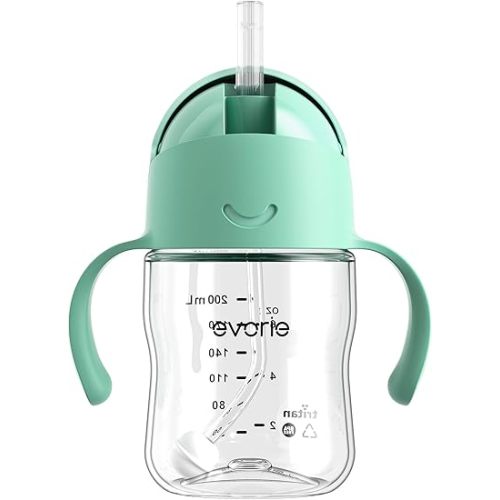 Evorie Tritan Weighted Straw Sippy Cup with Handles for Baby and Toddlers, Spill Proof Baby Water Bottle with Straw for 6 Months and up, 7 Oz, Infant Training Water Bottle (Mint)