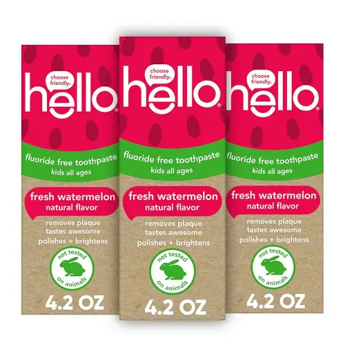 Hello Natural Watermelon Flavor Baby & Kids Fluoride Free Toothpaste, Vegan, SLS Free, Gluten Free, Safe to Swallow for Baby and Toddlers, 4.2 Ounce (Pack of 3)