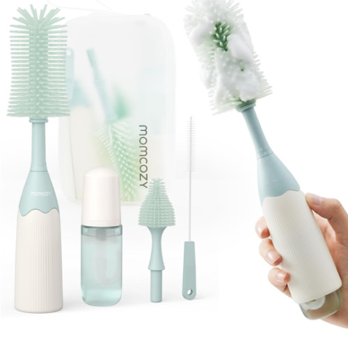 Momcozy Bottle Brush Kit, Innovative Push-Press Design for Better Cleaning - Baby Bottle Cleaner Brush for Baby Bottle, Breast Pumps, Nipples, and More - Can Generate Foam for Better Cleaning, Green